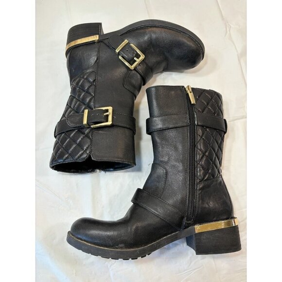 VINCE CAMUTO WILAMENA QUILTED BLACK LEATHER GOLD BUCKLES BIKER BOOTS Size 5.5 M - Picture 8 of 13